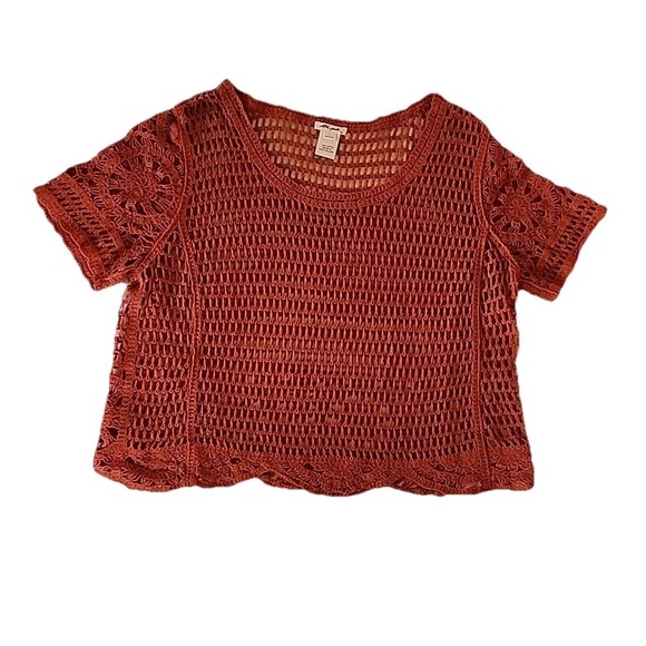 Ultra Pink Womens Crochet Top L Orange Open Knit Layering Boho Festival Cottage - Picture 3 of 9